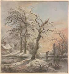 Winter landscape, a hiker crosses a stream on a footbridge, 18th century. Creator: Jan Hulswit