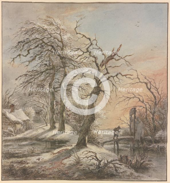 Winter landscape, a hiker crosses a stream on a footbridge, 18th century. Creator: Jan Hulswit.
