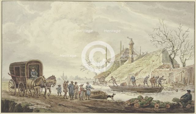 Winter landscape, at a farm boatmen are cutting the ice, a carriage on the left, 18th century. Creator: Johannes Hermanus van Loon.