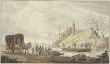 Winter landscape, at a farm boatmen are cutting the ice, a carriage on the left, 18th century. Creator: Johannes Hermanus van Loon