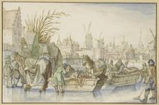 Winter landscape, in the foreground two horse-drawn sleighs, 16th century. Creator: Claes Jansz Visscher the Elder