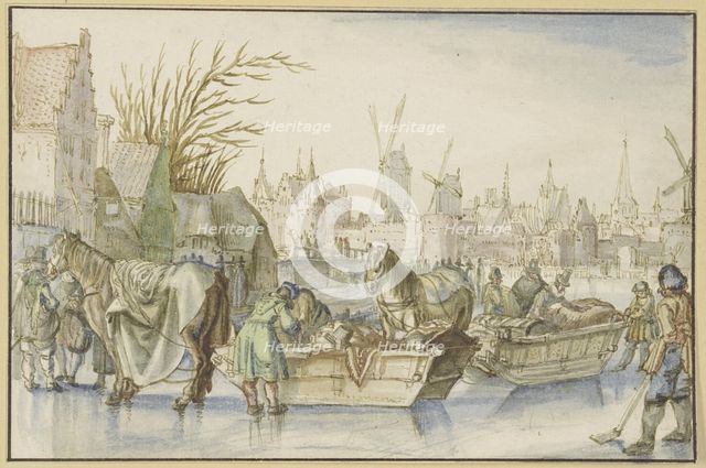 Winter landscape, in the foreground two horse-drawn sleighs, 16th century. Creator: Claes Jansz Visscher the Elder.