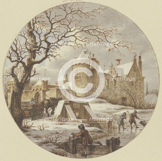 Winter landscape in front of the city wall, a wooden sledge on the bridge, 1788. Creator: Jacob Cats.
