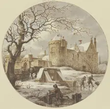 Winter landscape in front of the city wall, a wooden sledge on the bridge, 1788. Creator: Jacob Cats
