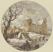Winter landscape in front of the city wall, a wooden sledge on the bridge, 1788. Creator: Jacob Cats