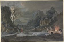 Winter landscape in moonlight, on the right farmers tend a large fire, 1777. Creator: Bernhard Heinrich Thier
