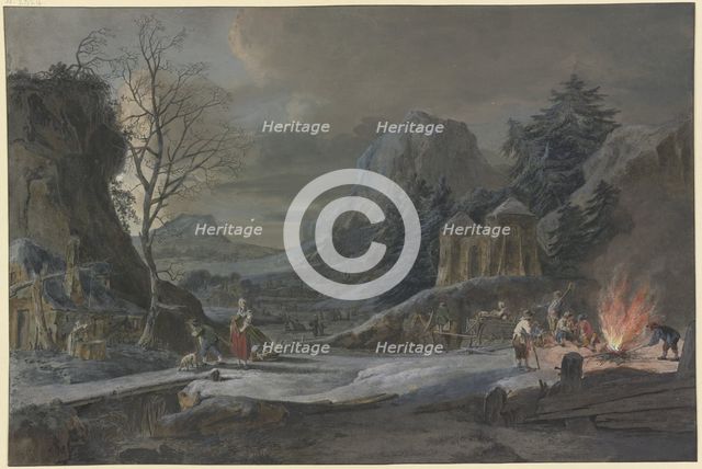 Winter landscape in moonlight, on the right farmers tend a large fire, 1777. Creator: Bernhard Heinrich Thier.