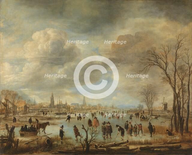 Winter Landscape near a Town with Kolf Players and Horse-Drawn Sleighs, c.1650-c.1655. Creator: Aert van der Neer.