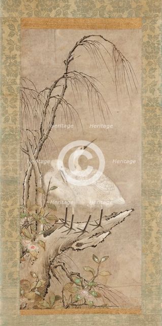 Winter Landscape of Two Herons, Willow, and Tea Plants Blossoms, c1550. Creator: Anon.