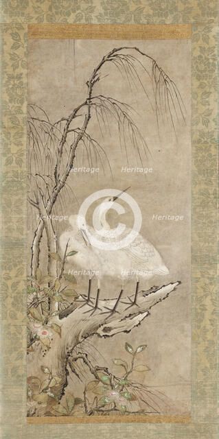 Winter Landscape of Two Herons, Willow, and Tea Plants Blossoms, c1550. Creator: Anon.