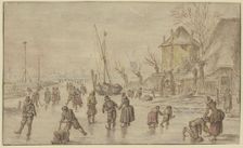Winter landscape, on the ice many skaters, on the right a man is putting skates..., 17th century. Creator: Hendrick Avercamp