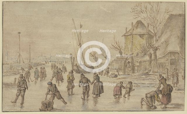 Winter landscape, on the ice many skaters, on the right a man is putting skates..., 17th century. Creator: Hendrick Avercamp.