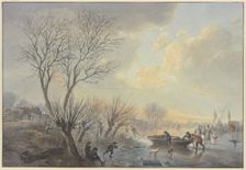 Winter landscape, on the ice three men push a boat towards the shore, two dogs..., 19th century. Creator: Abraham Teerlink