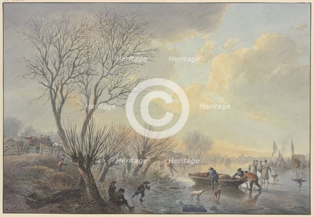 Winter landscape, on the ice three men push a boat towards the shore, two dogs..., 19th century. Creator: Abraham Teerlink.