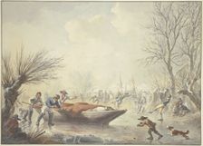 Winter landscape, on the ice three men push a boat towards the shore, on the right..., 19th century. Creator: Abraham Teerlink