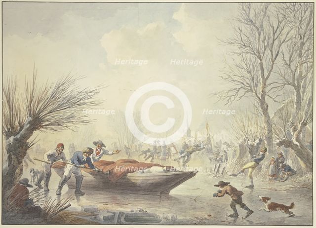 Winter landscape, on the ice three men push a boat towards the shore, on the right..., 19th century. Creator: Abraham Teerlink.