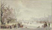 Winter landscape, on the river ice skaters, on the left a wagon at the quay, 18th century. Creator: Johannes Hermanus van Loon