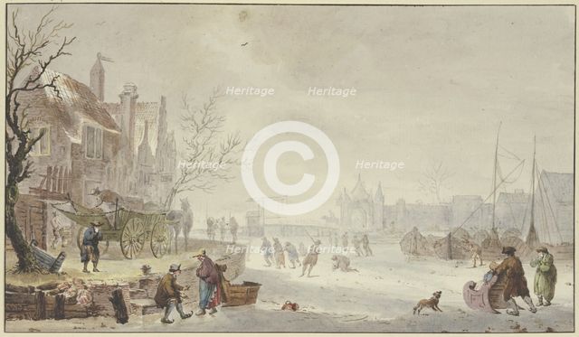 Winter landscape, on the river ice skaters, on the left a wagon at the quay, 18th century. Creator: Johannes Hermanus van Loon.