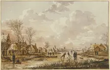 Winter landscape, on a frozen river near a small town ice skaters, 18th century; 17th century. Creator: Andries Vermeulen