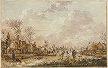 Winter landscape, on a frozen river near a small town ice skaters, 18th century; 17th century. Creator: Andries Vermeulen
