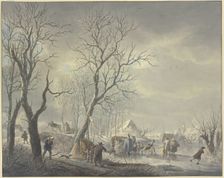 Winter landscape, skaters near tents on the canal, a hussar embraces a girl holding...19th century. Creator: Abraham Teerlink