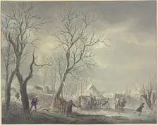 Winter landscape, skaters near tents on the canal, a hussar embraces a girl holding...19th century. Creator: Abraham Teerlink