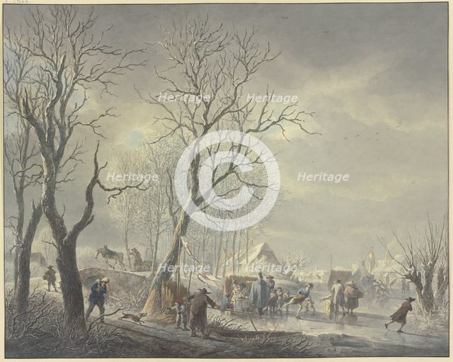 Winter landscape, skaters near tents on the canal, a hussar embraces a girl holding...19th century. Creator: Abraham Teerlink.