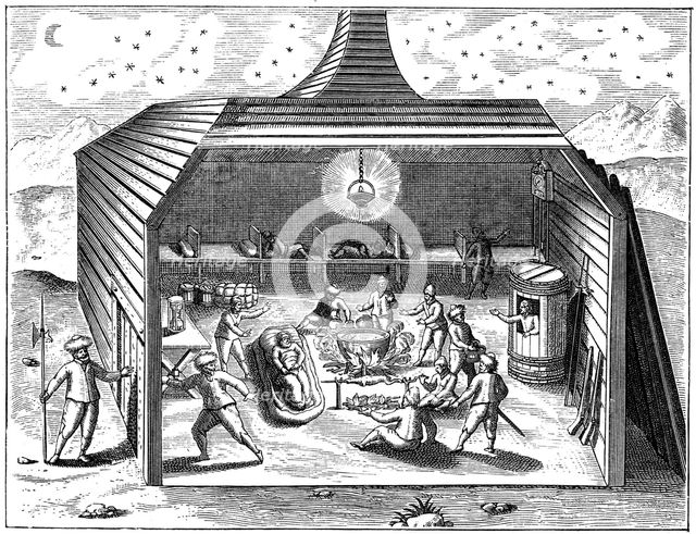 Winter quarters of Willem Barents' expedition to the Arctic, 1596-1597. Artist: Unknown