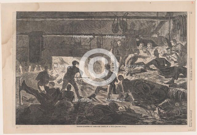 Winter Quarters in Camp - The Inside of a Hut (Harper's Weekly, Vol. VII), January 24, 1863. Creator: Unknown.