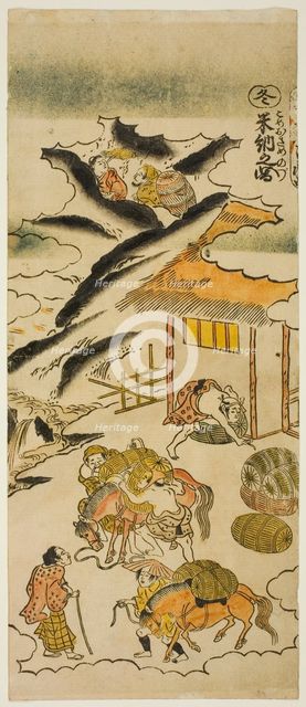 Winter: Storing Rice (Fuyu: kome osame no zu), No. 4 from the series "The Four Seasons..., c. 1730s. Creator: Torii Kiyomasu.