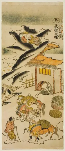 Winter: Storing Rice (Fuyu: kome osame no zu), No. 4 from the series "The Four Seasons..., c. 1730s. Creator: Torii Kiyomasu