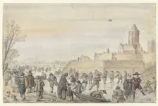 Winter Scene on the Frozen Canal near the Kalverhekkenpoort, Kampen, before 1607. Creator: Hendrick Avercamp