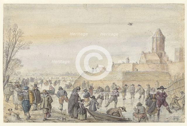 Winter Scene on the Frozen Canal near the Kalverhekkenpoort, Kampen, before 1607. Creator: Hendrick Avercamp.