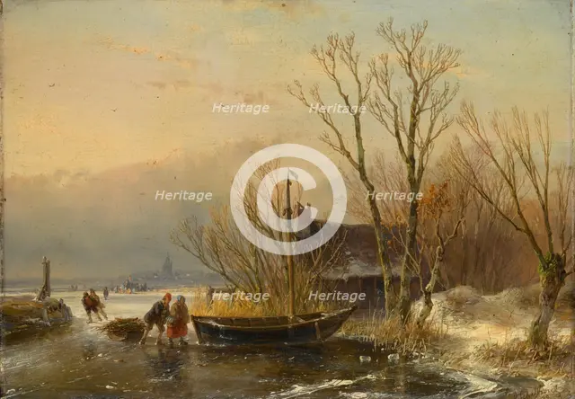 Winter Scene on the Ice with Wood Gatherers, 1849. Creator: Andreas Schelfhout.