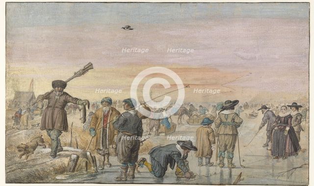 Winter Scene on the Ice, with a Hunter Showing an Otter, c.1625-c.1630. Creator: Hendrick Avercamp.