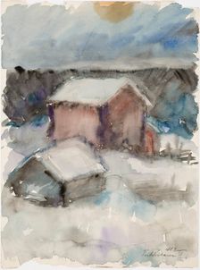 Winter scene, buildings in the snow, 1916. Creator: Henry Ericsson