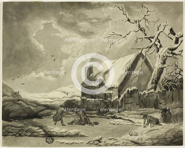 Winter Scene with People Outside a Cottage Near a Pond, n.d. Creator: Unknown.