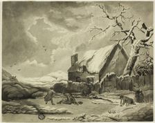 Winter Scene with People Outside a Cottage Near a Pond, n.d. Creator: Unknown
