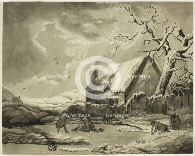 Winter Scene with People Outside a Cottage Near a Pond, n.d. Creator: Unknown.