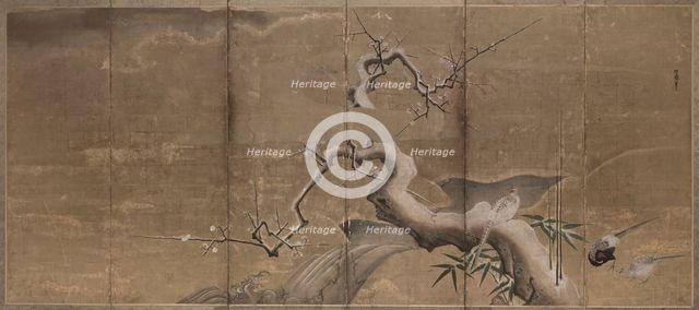 Winter Scene with Plum Trees and Pheasants (Birds Left), early 1600s. Creator: Kano Naonobu (Japanese, 1607-1650).