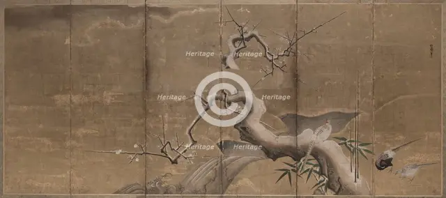 Winter Scene with Plum Trees and Pheasants , early 1600s. Creator: Kano Naonobu (Japanese, 1607-1650).