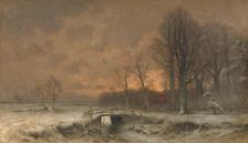 Winter Scene with the Sun Setting Behind Trees, 1880-1930. Creator: Louis Apol