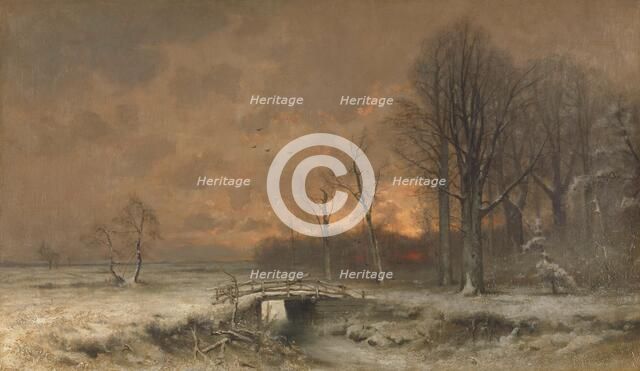 Winter Scene with the Sun Setting Behind Trees, 1880-1930. Creator: Louis Apol.
