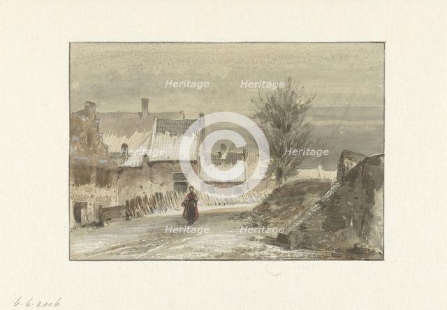 Winter view with a woman standing on the ice, 1829-1866. Creator: Johannes Franciscus Hoppenbrouwers.