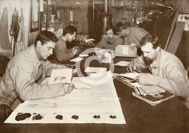 'Winter Work (Left to right - Debenham, Cherry-Garrard, Bowers, Evans, Taylor)', c1911, (1913). Artist: Herbert Ponting.