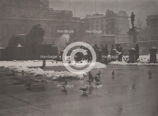 Winter's bite, Trafalgar Square, 1920s. Creator: Harry Moult.