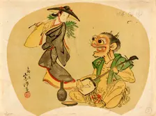 Wisteria Maiden Dancing for a Demon with a Samisen, late 18th-early 19th century. Creator: Kitao Masanobu