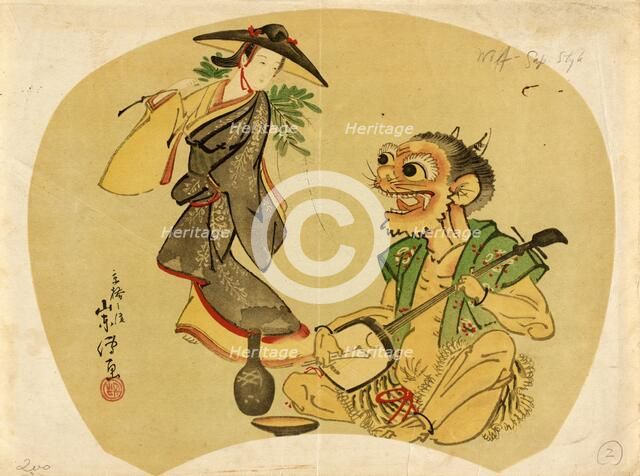 Wisteria Maiden Dancing for a Demon with a Samisen, late 18th-early 19th century. Creator: Kitao Masanobu.