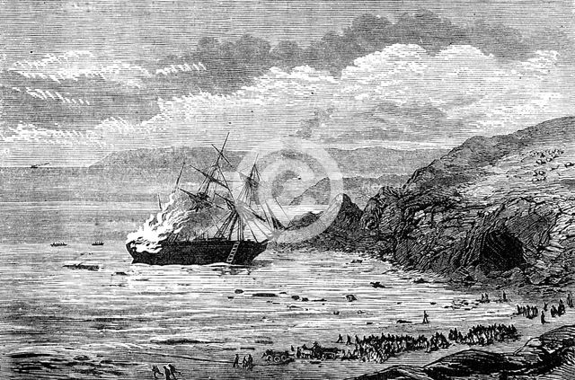 Wreck and burning of a barque in Mount's Bay, Cornwall, 1881. Creator: Unknown.