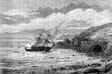 Wreck and burning of a barque in Mount's Bay, Cornwall, 1881. Creator: Unknown